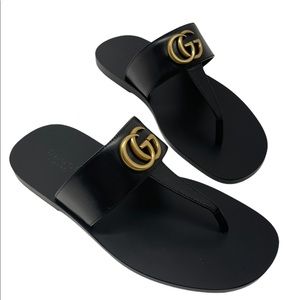 Gucci GG Marmont Logo Black Leather Thong Sandals